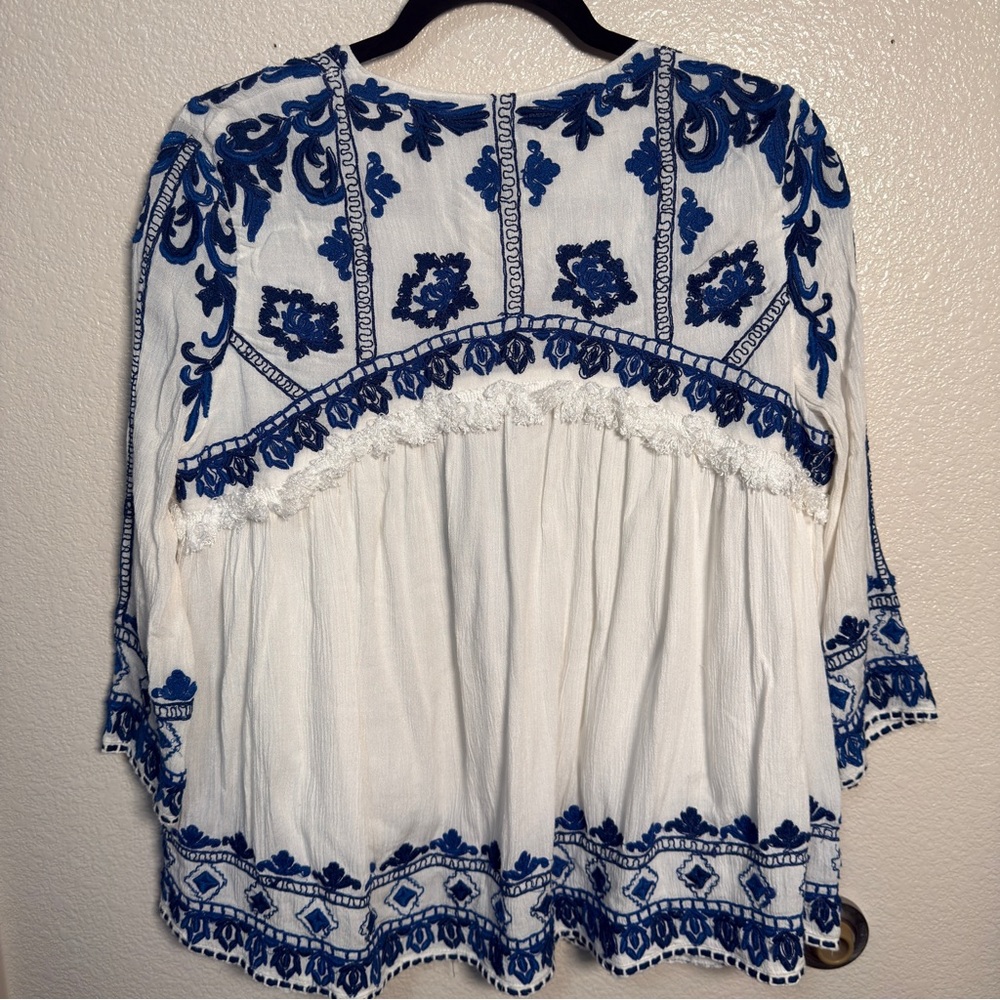 Zara Blue and Cream Boho Embroidered Blouse Jacket Size Small - Picture 12 of 15